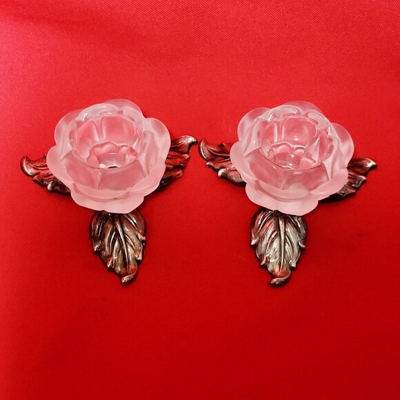 Vintage Pair PM Italy Frosted Glass Rose Silver Plate Leaves Candle Holder - Picture 3 of 13